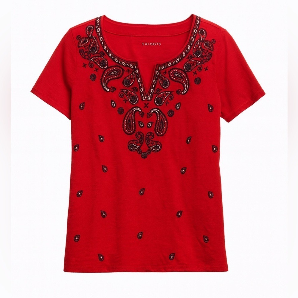 Talbots Red Paisley Embroidered Beaded Tee Small Cotton Boho Western Bandana